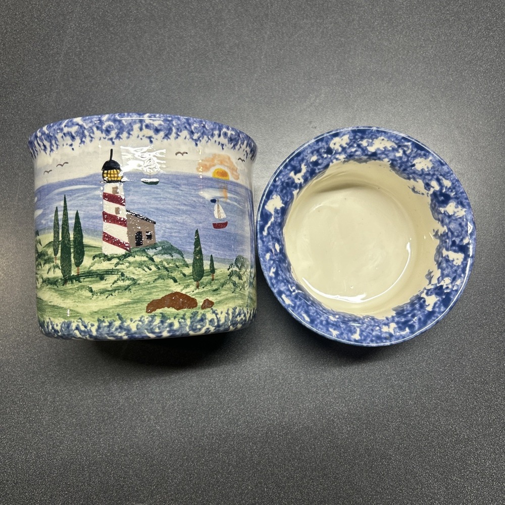 Ceramic Lighthouse Crock w/ Insert Nautical Seascape Blue Sponge Rim Handpainted